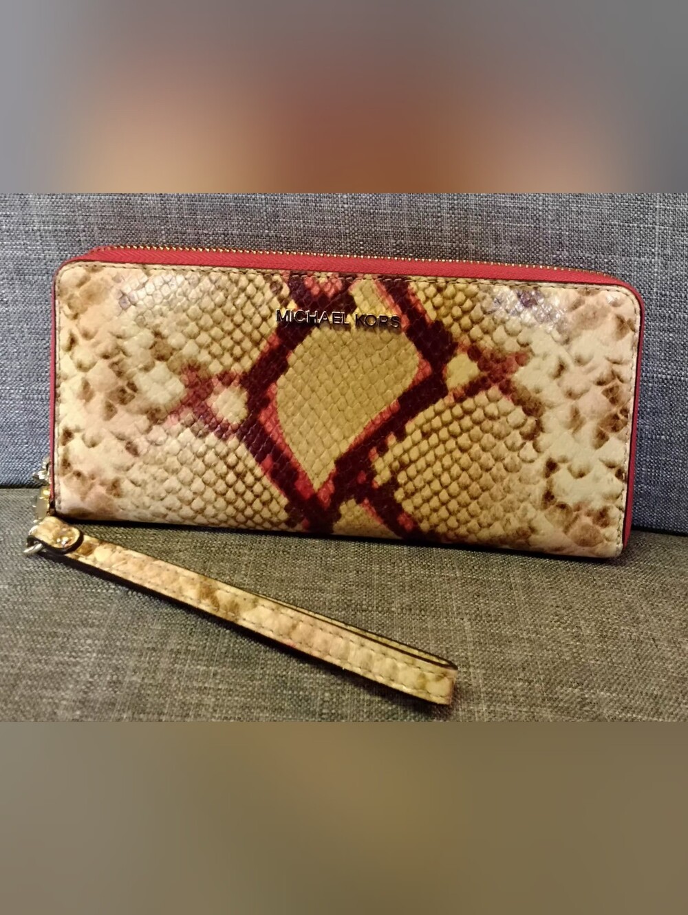 Michael Kors Jet Set Large Python Embossed Leather Wristlet, Red/Tan